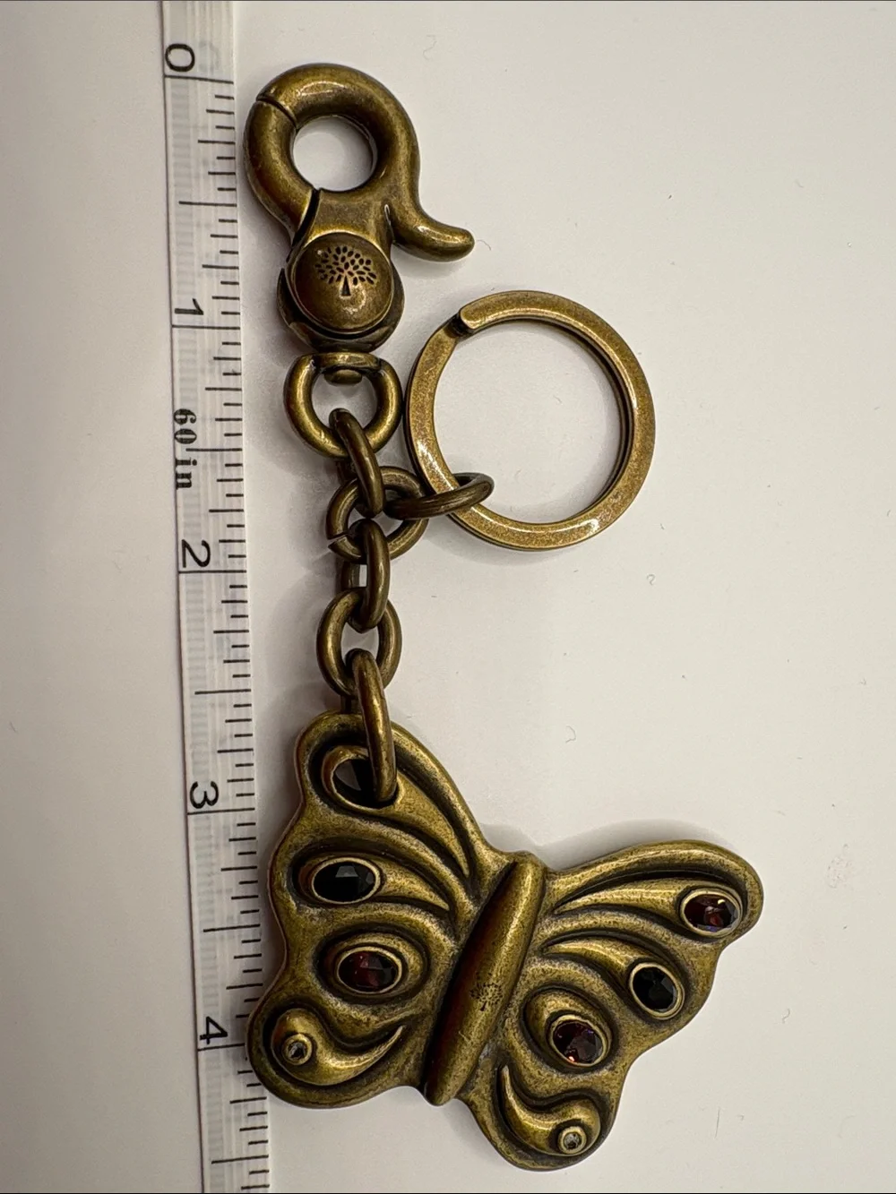 Mulberry Antique Brass Butterfly Keychain with Garnet-Tone Accents